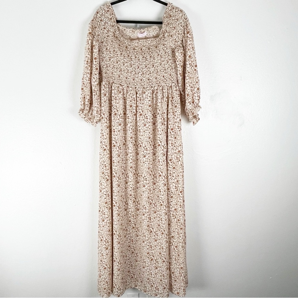 PINK LILY Smocked Bodice On/Off Shoulder 3/4 Puff Sleeves Side Splits Maxi Dress
